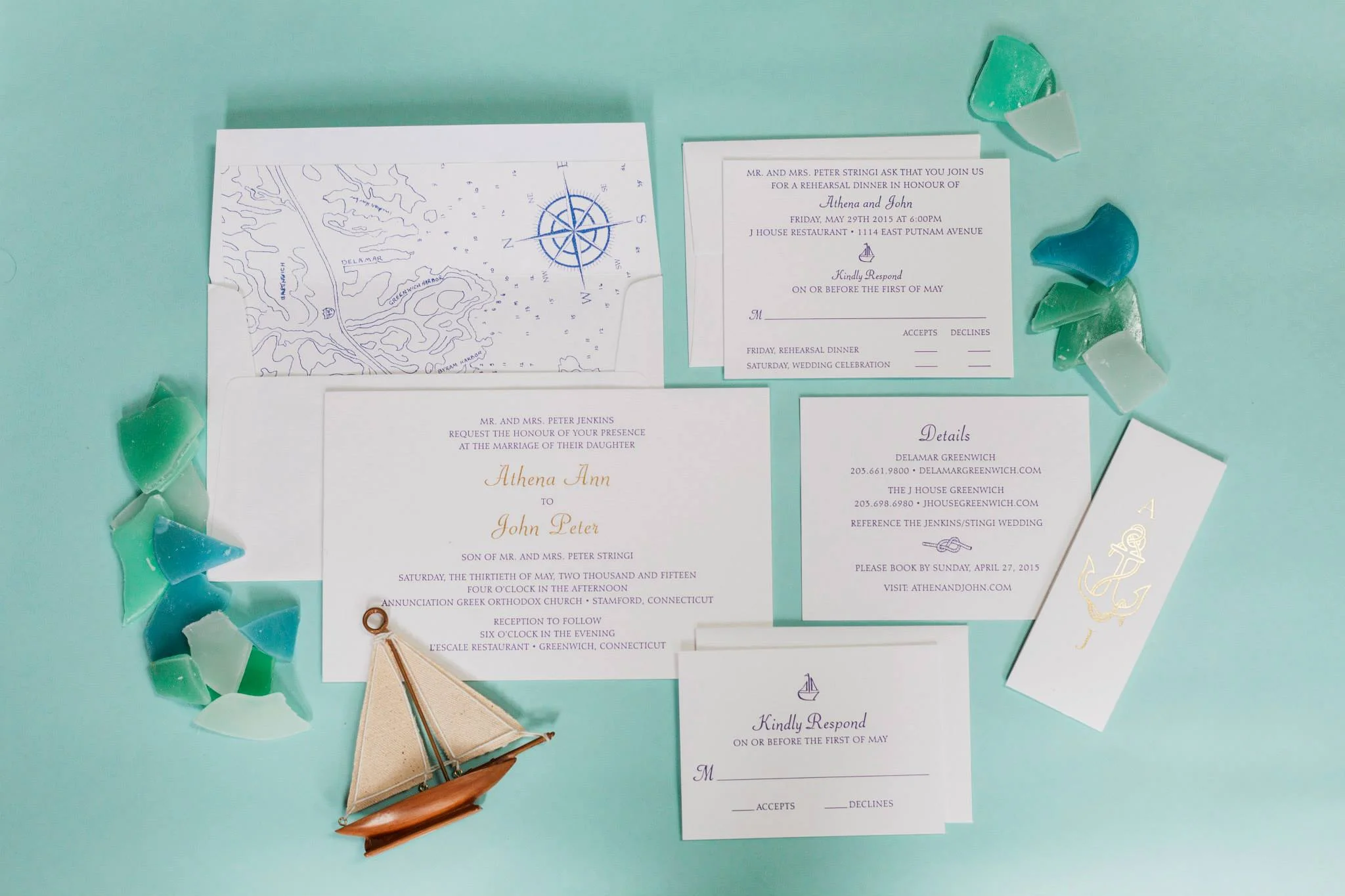  Custom nautical inspired invitation, designed by Ashley Douglass with Lion in the Sun Invitations, Cutsom liner hand drawn by relative of the Bride, Navy letterpress and gold foil 